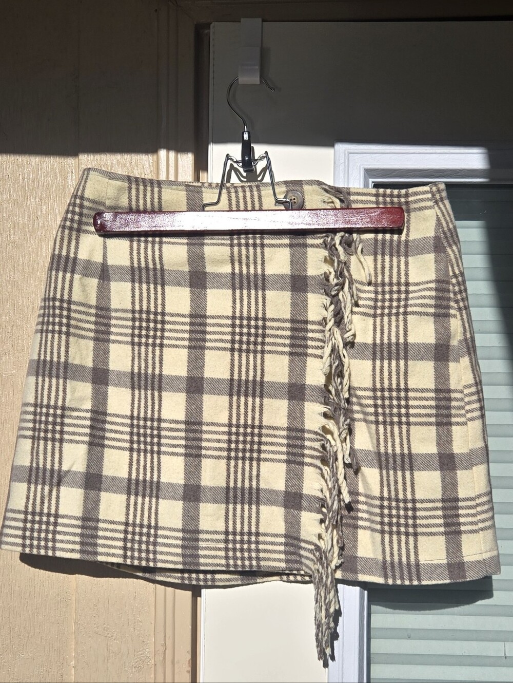 le chateau Plaid Mini Skirt in Cream and Brown, Made In Canada